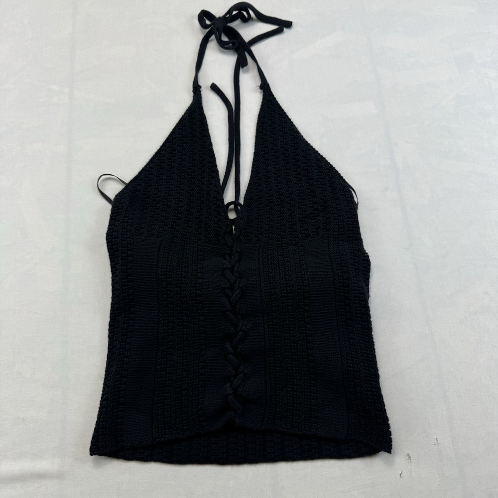 Forever 21 Womens Black Knit Halter Neck Lace Up Crop Tank Top Size M